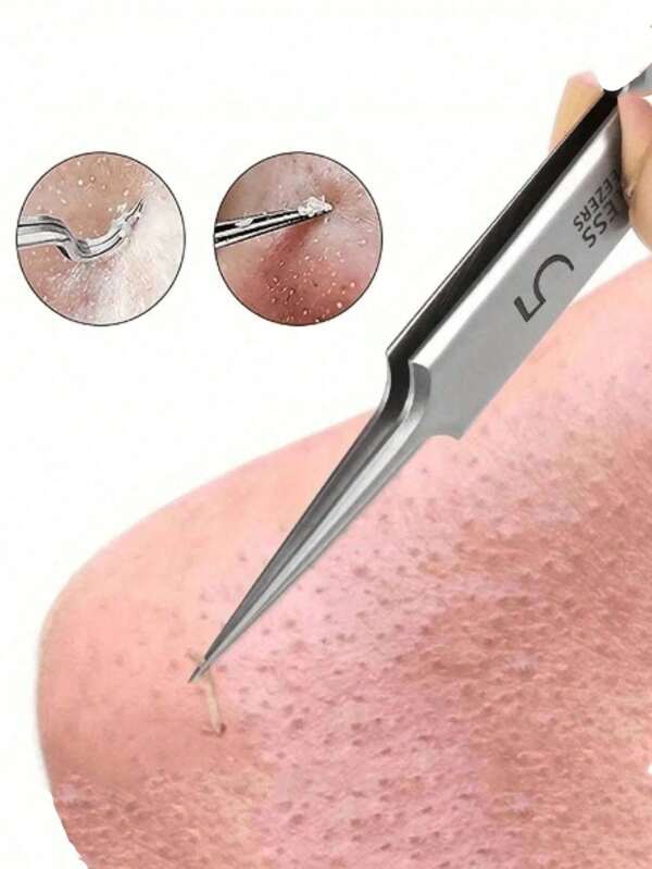 1pc Ultra Fine No. 5 Blackhead Remover Tweezers,Blackhead Removal Tool, Stainless Steel Fine Pointed Tip Tweezers For Acne, Blemishes, Blackheads, Pimple Popping, Professional Facial Cleaning Tool