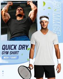 3 Pack Men's Big And Tall Quick Dry Shirts, Short Sleeve Tops V Neck Mesh Moisture Wicking Athletic Tees-2025 - Đen, Xám nhạt, Trắng - Xem 3