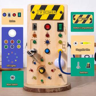 蒙特梭利木制忙碌板，带 8 个 LED 灯开关，感官玩具灯开关旅行玩具，适合 3 岁以上婴儿和幼儿