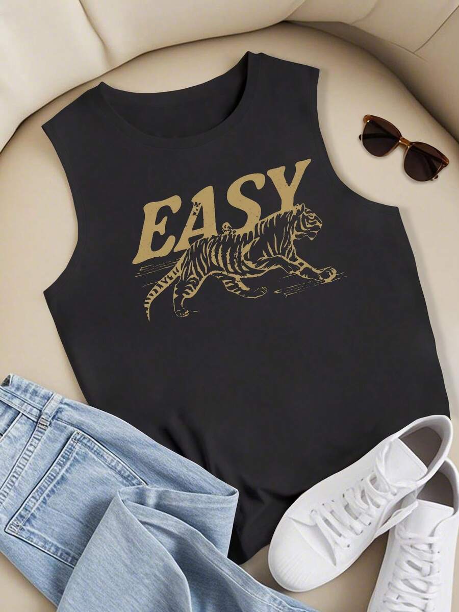 EASY Tiger Women's Casual Vest,Sport Comfy, Streetwear, Casual, Rock, Crew Neck,Clothing For Women, Holiday, Vacation,Festival,Daily Wear,Summer Tops - màu đen - Xem 1