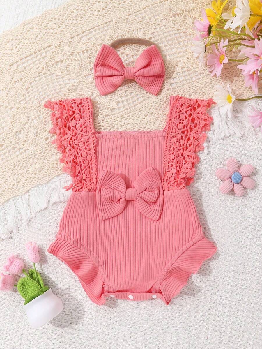 Cute Baby Girl's Soft, Comfortable, Breathable Solid Color Hollow Out Fringe Dress Romper With Headband, Suitable For Casual Parties, Holidays, And Outings