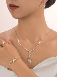 5pcs 14K Gold Plated Jewelry Set For Women, Includes Necklace, Earrings, Bracelet, Ring, Teardrop Design, Suitable For Bride, Wedding, Party, Celebration, Gift For Friends