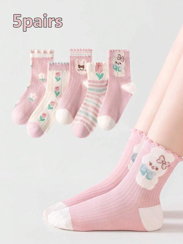5 أزواج جوارب متوسطة الكاحل ناعمة لا تعرق مع تصميمات أرنب جميلة، مناسبة للمنزل والمدرسة والأنشطة اليومية الخارجية للبنات