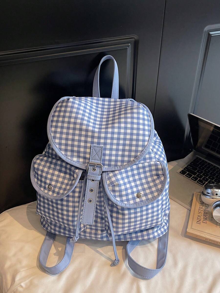 1pc Blue Nylon Casual & Fresh Checkered Pattern Backpack With Multiple Pockets, Metal Eyelets, Drawstring & Snap Closure, Large Capacity Foldable Water-Resistant Design, Suitable For Daily School, Commute, Shopping, Travel, Gift For Back To School Or Graduation - Blue - View 1