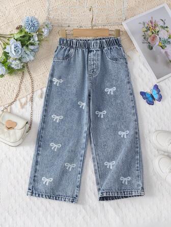 1pc Girls Cute Bow Decor Fashionable Minimalist Outdoor Casual Pants, Spring/Summer New Arrival