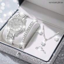 6 Piece Gorgeous,Fashion Jewelry Quartz Deluxe Set Treasure Tray Full Diamond Bracelet Quartz Watch And Cute Rhinestone Necklace, Earrings, Ring, Bracelet Accessory Set Suitable For Daily Wear, Back-To-School Season, Graduation Season, Friendship, Thanksgiving, Couples, The Best Gifts