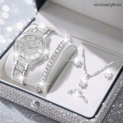 一套优雅石英首饰套装，包含：1个首饰盒、1条镶钻手链、1块石英表、1条精美水晶项链、耳环、戒指、手链，适合日常佩戴、生日礼物、派对、节日聚会等场合，是送给自己或朋友的理想礼物。不含包装盒。