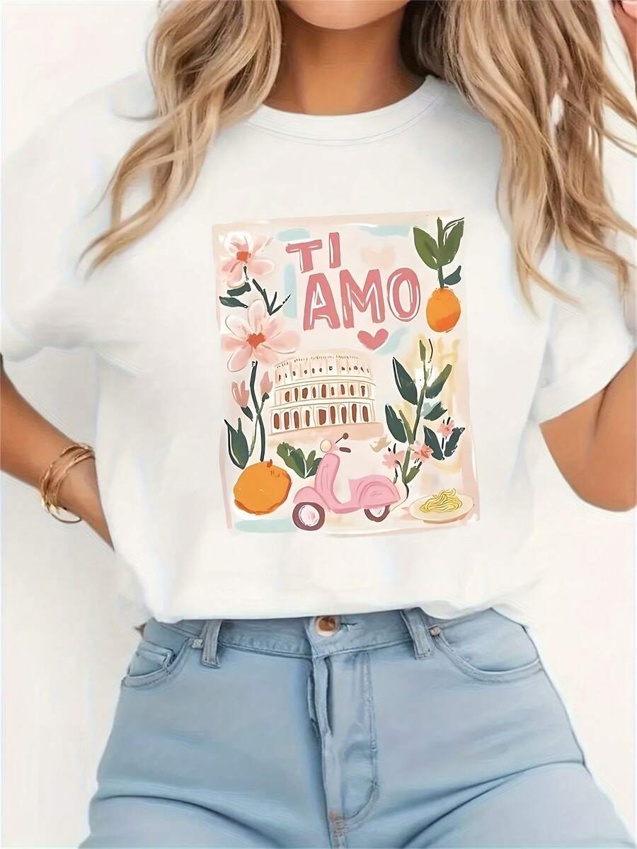 1 Piece Women's Casual Short Sleeve T-Shirt - Italian Style 'TI AMO' Pattern, Pink Scooter, Floral And Fruit Print, White Round Neck Top, Suitable For Birthdays And Holidays, Summer Essential, Machine Washable Comfortable Fabric - trắng - Xem 1