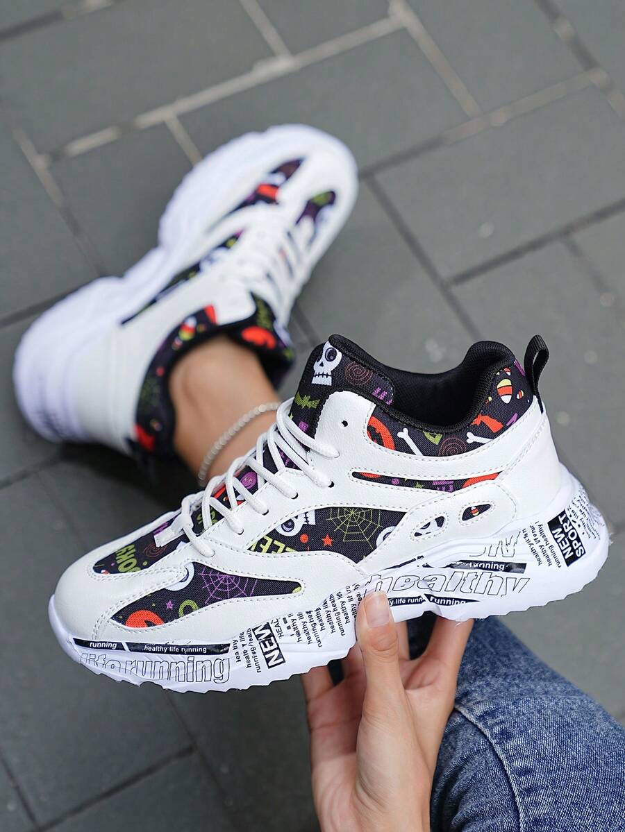 1 Pair Patchwork Color-Block PU Lace-Up Canvas Breathable New Skull, Pumpkin, Tombstone, Ghost, Spider & Spider Web, Bone Random Print Round Toe Platform Sneakers, Halloween Gift For Teenagers - Black - View 1