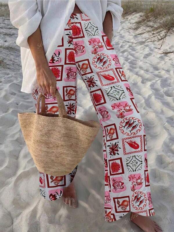 Modieus! Casual, losse broek met print en oceaanmotief voor dames in lente en herfst 2025 - perfect voor dagelijkse boodschappen, streetstyle, strandvakanties, uitstapjes naar de kust, lente-uitjes, herfstpicknicks, loungen aan het zwembad, tochten langs de boulevard en milde weersomstandigheden.