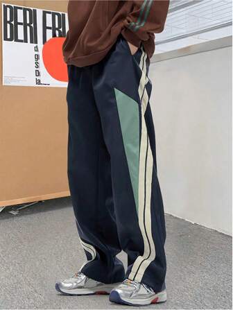 1pc Teen Boys Young And Fashionable Loose Drawstring Waist Trousers With Side Color Matching Design. Teen Boys Wide-Leg Pants, Teen Boys Straight Pants. Suitable For Daily Wear, Sports And Leisure, School, Parties, Music Festivals, Leisure. Can Be Used As A Gift For Friends