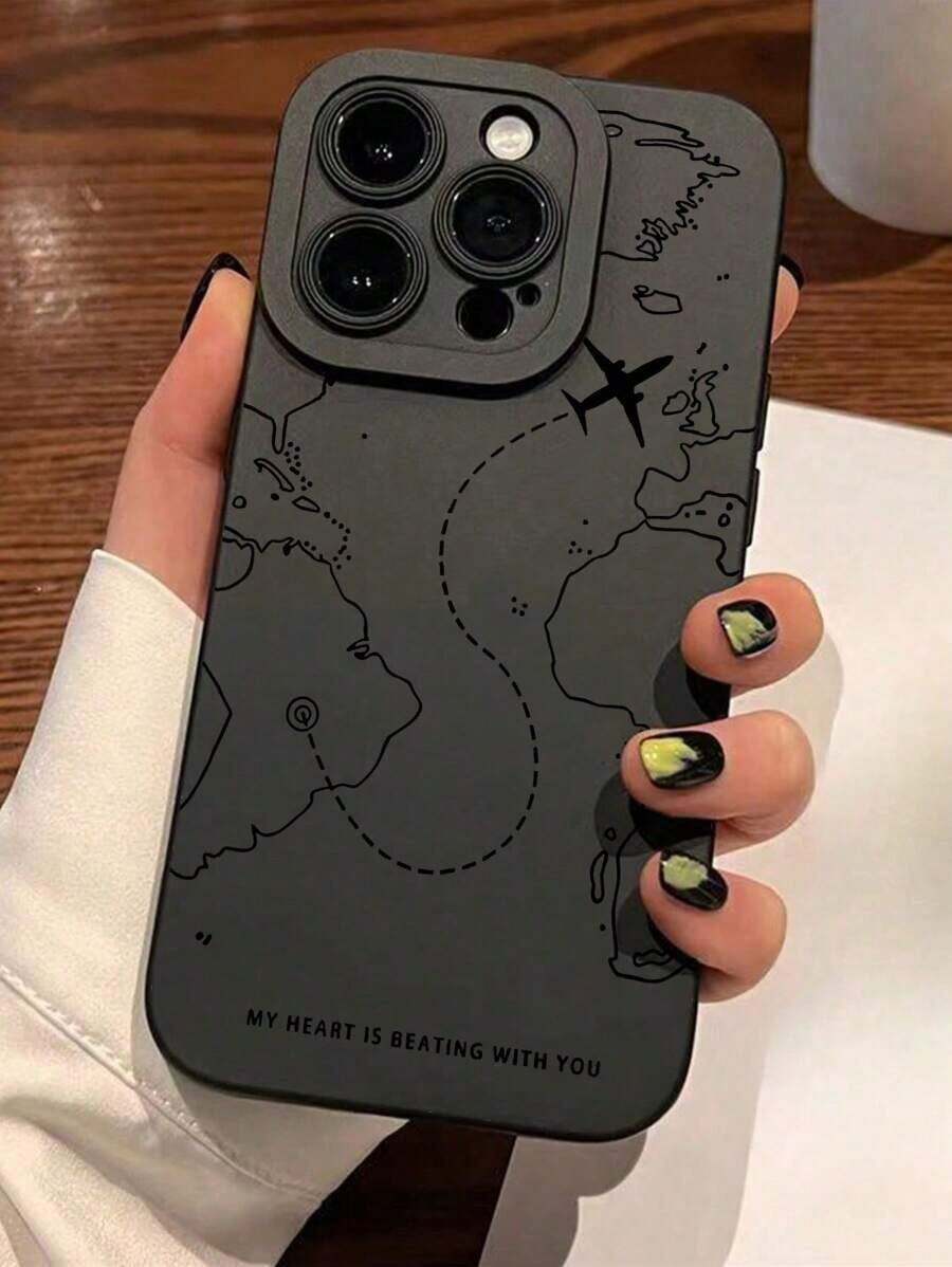 Summer 1pc Airplane/Map Pattern Matte Anti-Fall TPU Phone Case Suitable For IPhone17/IPhone17 Air/IPhone17 Pro/IPhone17 Pro Max/16 Pro Max/15 Pro Max/14 Pro Max/13 Pro Max/12 Pro Max/11 Pro Max Waterproof Shockproof Scratch Resistant - Black - View 1