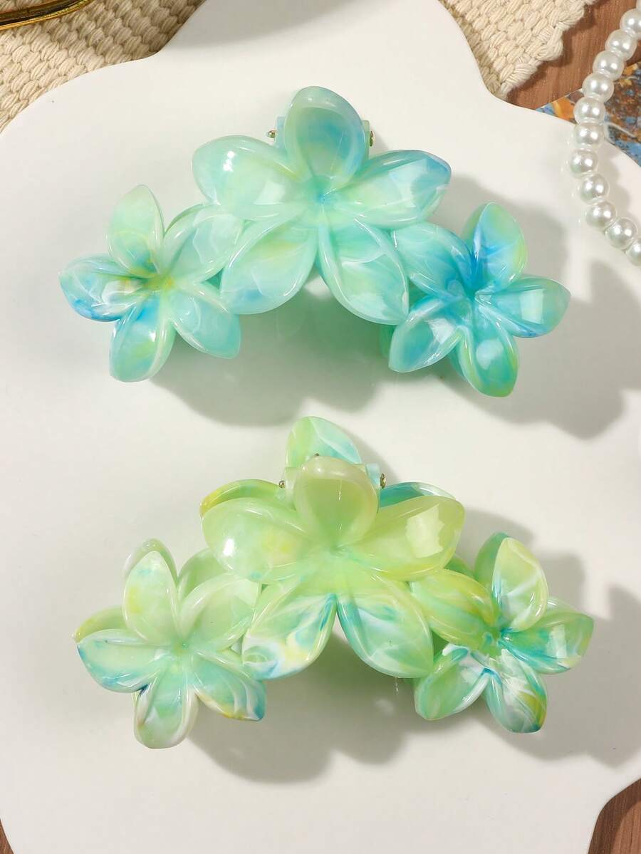爪夹 2 件波西米亚风格夏季夏威夷花朵 ABS 材质大号一体式发夹，甜美女孩海边沙滩发饰，浅蓝色女士发夹，学校用品，大学秋季配饰