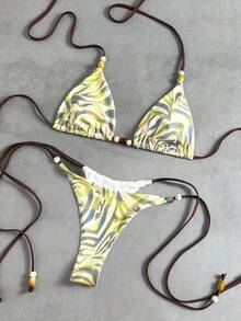 2025新款女士度假泳装性感不对称印花比基尼套装（印花随机），夏季海滩 - 彩色 - 查看 4