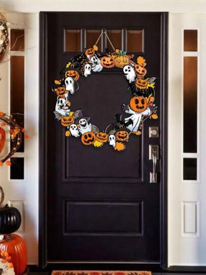 1PC Halloween Wooden Bat Wreath - With Pumpkin Lantern Ornaments - 40cm Handmade Rustic Decor For 11 Holidays