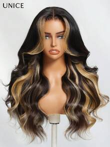 UNice 7x5 Bye-Bye Knots™ Lace Closure & 13x4 Pre-Everything™ Lace Frontal Loose Wave Butterscotch Highlights Brown With Free Face Framing Bangs Wig Glueless Human Hair Put On And Go Wig Pre Cut Pre Plucked Bleached Invisible Knots 150% Density - 流行色(其他顏色) - 查看 4