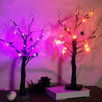 1pc Orange Purple Mesh Tree Light, Desktop Lighting Black Halloween And Thanksgiving Tree Light Autumn Decoration Light With LED Orange Tree, Halloween Decoration Indoor Decoration Battery Powered, Battery Free, Suitable For Halloween, Easter, Thanksgiving, And Day Of The Dead.