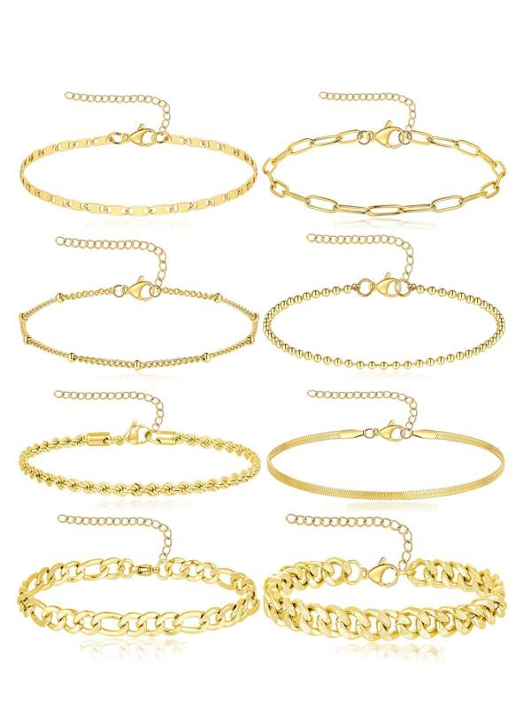 8 Peças Pulseiras de Tornozelo para Mulheres em Aço Inoxidável À Prova D'água, Conjunto de Joias de Verão para Praia com Corrente de Elos Cubanos, Elos , Corda, Clipe de Papel, Espinha de Peixe, Satélite e Contas, Tom Dourado e Prateado, 8,5 Polegadas