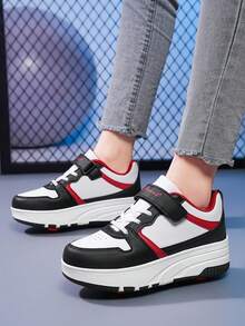 Zapatos de patines de ruedas para volver al colegio para adolescentes, zapatillas deportivas casuales convertibles con doble rueda y cierre de gancho y bucle para niños y niñas - Blanco y Negro - Ver 6