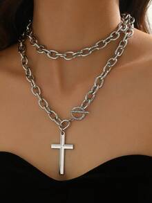 1pc Vintage Multi-Layer Punk Rock Style Linked Cross Pendant Aluminum Chain Necklace, Fashionable Personalized Accessory Suitable For Daily And Special Occasions, Hot Seller - Gold - View 2