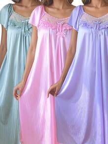 Summer 3-Piece Set For Women's Lace V-Neck Bow Pajamas, Simple Solid Color Nightdress, Rayon Short-Sleeved Home Clothes - Hồng vừa + Tím nhạt + Xanh lá - Xem 3