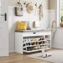 VOWNER Shoe Cabinet With 3 Compartments, Shoe Bench, Shoe Bench With Seat Cushion, 100 X 30 X 55 Cm - 白色 - 查看 3