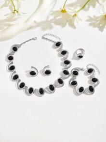 Bộ 4 món/bộ dây chuyền, vòng tay, hoa tai, nhẫn trang sức hình tròn hình học cổ điển, đồ trang trí hình bán nguyệt bằng acrylic màu đen cổ điển, thời trang và thanh lịch cho phụ nữ, thích hợp cho tiệc tùng/tụ tập - vàng + đen - Xem 8