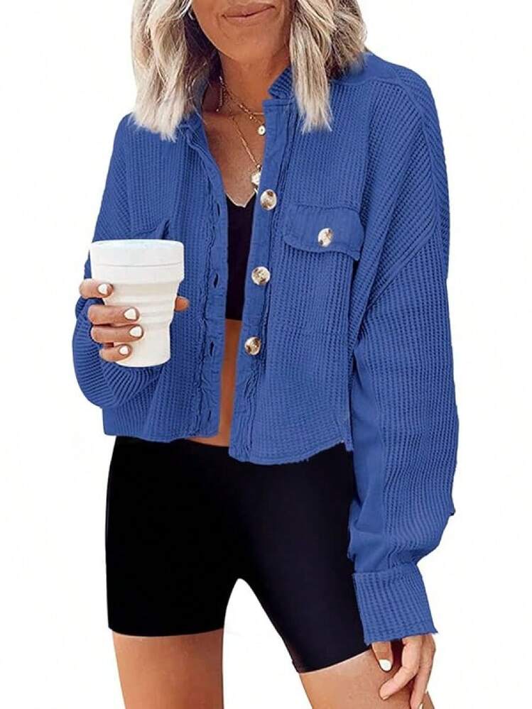 Women's Cropped Waffle Knit Shacket Short Button Down Jacket Batwing Sleeve Shirts With Pocket/Vacation Outfits Women/Valentine Outfits For Women - 小藍 - 查看 2