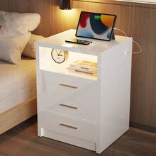 OYAJIA High Gloss Bedside Table With LED Light & Charging Station, 2/3 Drawers Sofa Side Table With 2 USB Ports, Modern Nightstand With Compact Storage For Bedroom, Living Room - White - View 2