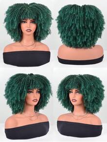 Short Afro Kinky Curly Wig With Bangs For Women High Temperature Synthetic Hair Wig Curly Afro Wigs For Women - Curly Afro Wigs Black Wig For Women Brown Gold Gradient 12 Inch Replacement Wigs Party Use Natural Black Hair Carnival Cosplay Wigs - Màu xanh lá cây đậm - Xem 5