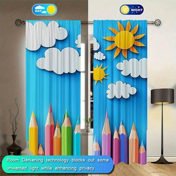 2 piezas de cortinas con estampado de pluma creativa y cielo soleado - Azul de poliéster, diseño de bolsillo de varilla fácil, adecuado para dormitorio de niños, sala de estar, oficina - Tema educativo colorido con patrones de nubes y sol, ideal para ventanas de sala de estar