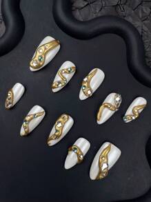 10 pezzi di unghie finte di design creativo Y2k, con cromo, realizzate a mano, kit acrilico con decorazioni a linea 3D e strass 3D, unghie estive bianche e dorate a mandorla, lucide e glitterate, essenziali per la spiaggia, design per unghie gotico per donne e ragazze per Ognissanti