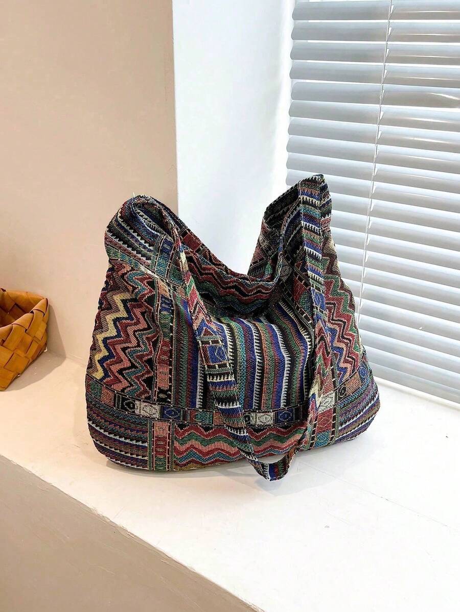 New Casual Women's Shoulder Bag, Fashion Plaid Pattern Linen Shoulder Bag, Random Striped Pattern - Multicolor - View 1