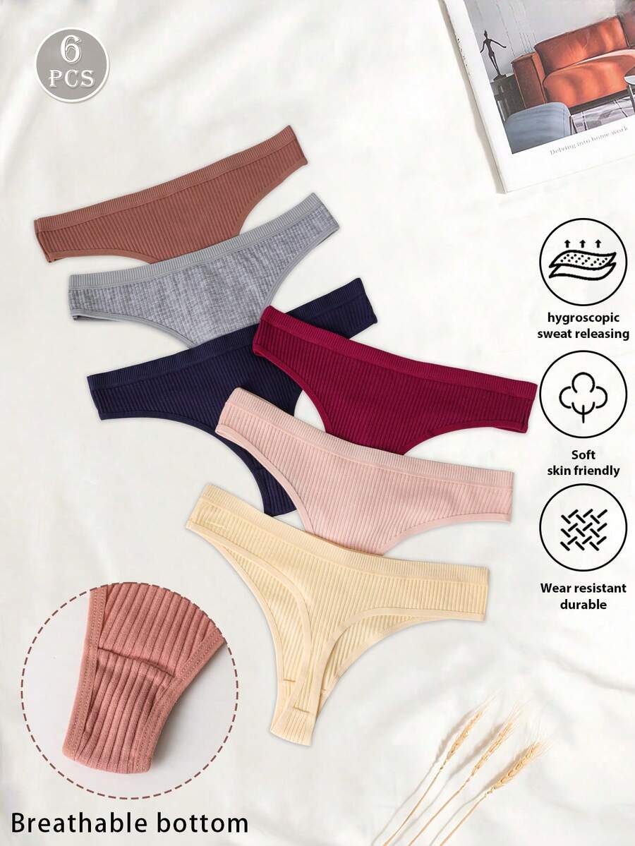 6pcs/Set Ribbed Comfortable G-String T-Back Thong Seamless Panties, Sexy Comfortable Triangle Women's Underwear