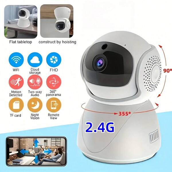 2MP High-Definition Pixel Intelligent Security Camera, 1080P Indoor Pet Caregiver, 2.4GHz Dog Camera, 355° Pan/Tilt Intelligent Home Security Camera, Featuring High-Definition Video, Two-Way Audio, Night Vision Function, Human Movement Detection And Pet Monitoring, Supporting Cloud Storage And TF Card (Requires Purchase), USB Power Supply