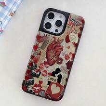 1pcs Cardiac Multi-Element Collage Pattern Apple Luxury Leather Flip Wallet Phone Case With Card Holder Compatible With IPhone 12/13/14/15/16/Pro/Plus/Pro Max, Cardholder Protective Cover - Black - View 6