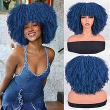 Short Afro Kinky Curly Wig With Bangs For Women High Temperature Synthetic Hair Wig Curly Afro Wigs For Women - Curly Afro Wigs Black Wig For Women Brown Gold Gradient 12 Inch Replacement Wigs Party Use Natural Black Hair Carnival Cosplay Wigs - 深藍色 - 查看 8