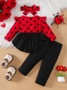 3pcs Baby Girl Autumn New Round Neck Small Flying Sleeves Polka Dot Ladybug Positioning Printing Long Sleeve Pullover Dress & Stretch Comfortable Trousers & Hairband Set Suitable For Outdoor Wear - Đỏ - Xem 2