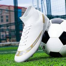 Chuteiras de futebol de salão para homem, confortáveis, antiderrapantes e respiráveis, de cano alto, ideais para treinos profissionais e jogos; Chuteiras AG com travas longas para relva artificial/grama natural, adequadas para homens e mulheres. - Branco - Ver 5