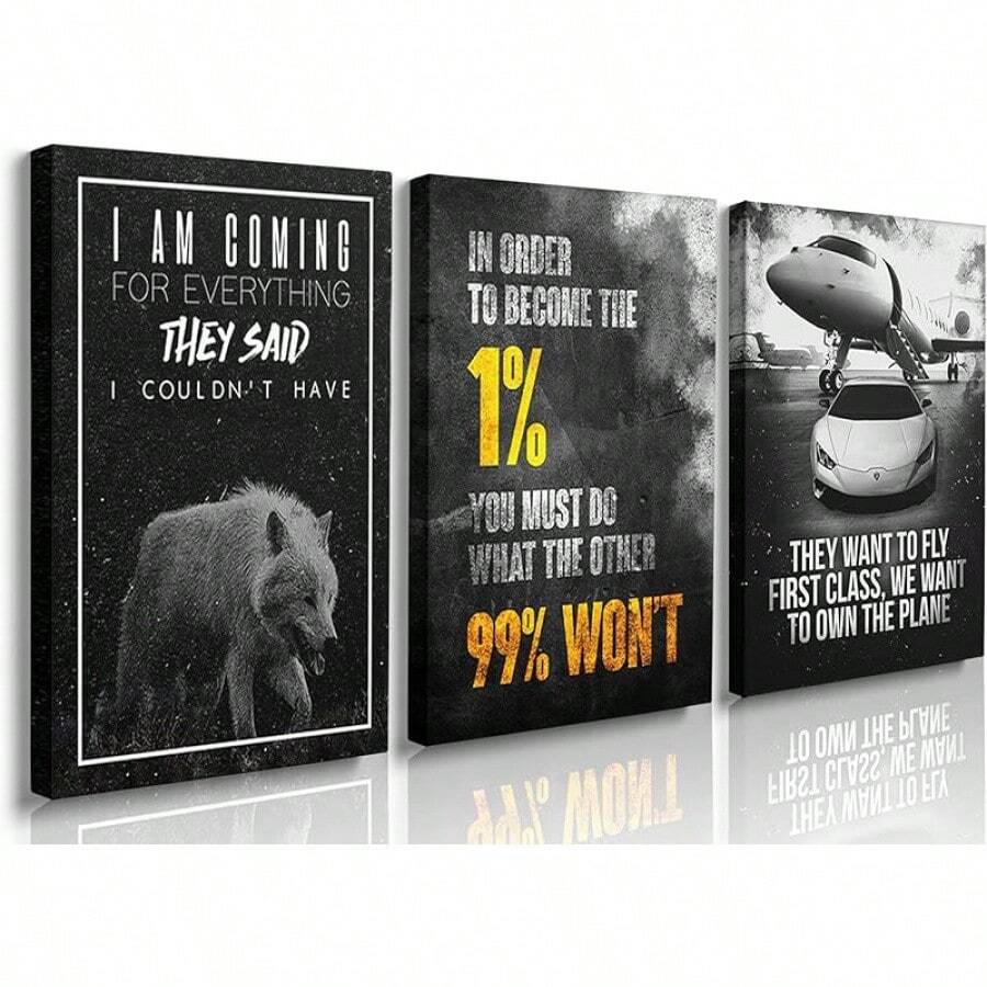 GUBIYU Black Hustle Grind Execution Wall Art Set Of 3 Framed Canvas Office Inspirational Motiviational Wall Decor Art Positive Quotes Posters Living Room Pictures Walls Decor Mens Guys 12x16 - A001 黑白勵志牆飾 - 查看 1