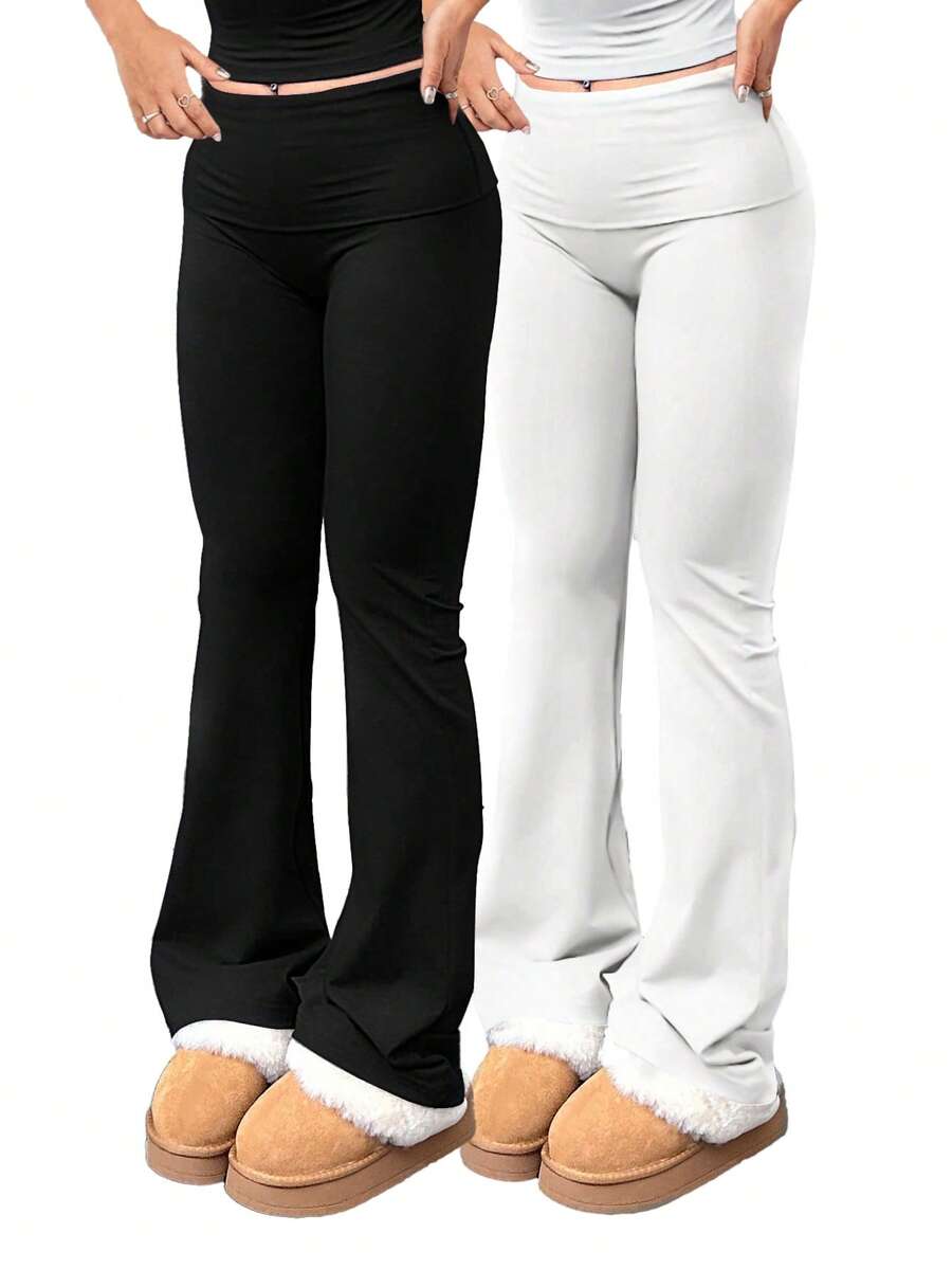 Pantalones de color sólido para mujer, tres conjuntos de pantalones casuales, adelgazantes, cómodos y a la moda. - Negro + blanco - Ver 1