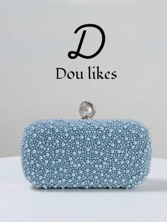 Light Blue Pearl Evening Bag, Elegant Engagement Clutch Bag For Cheongsam, With Metal Chain, Suitable For Party, Wedding, Graduation Dance, Banquet/Formal Events, Perfect For Matching Women's Graduation Ball Gowns, Graduation Ball Accessories, Sequin Dresses, Shiny Dresses, Women's Elegant Dresses