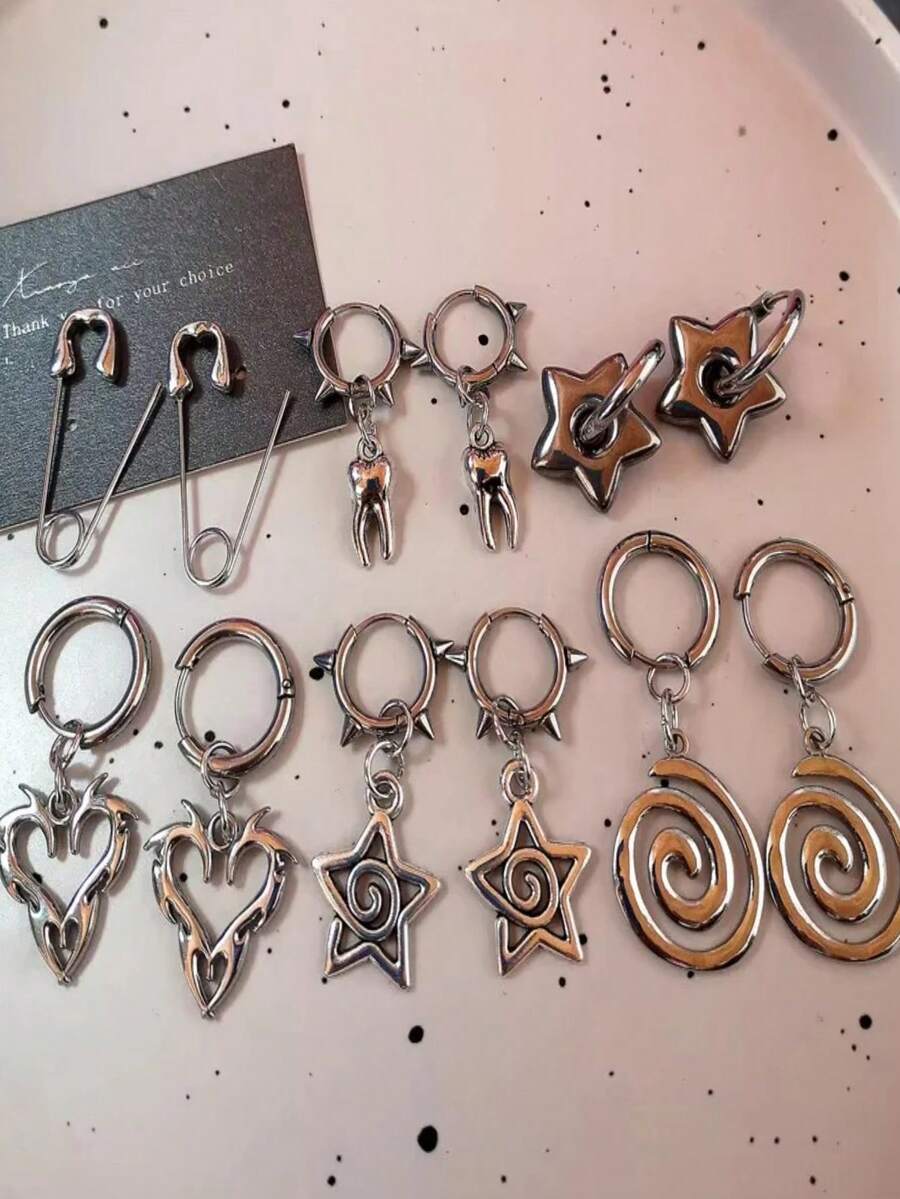 1 Pair Punk Thorn Heart Star Swirl Tooth Hoop Rivet Earrings For Women Men Gothic Grunge Hip Hop Charms Y2K Jewelry Vintage Accessories - Silver - View 1