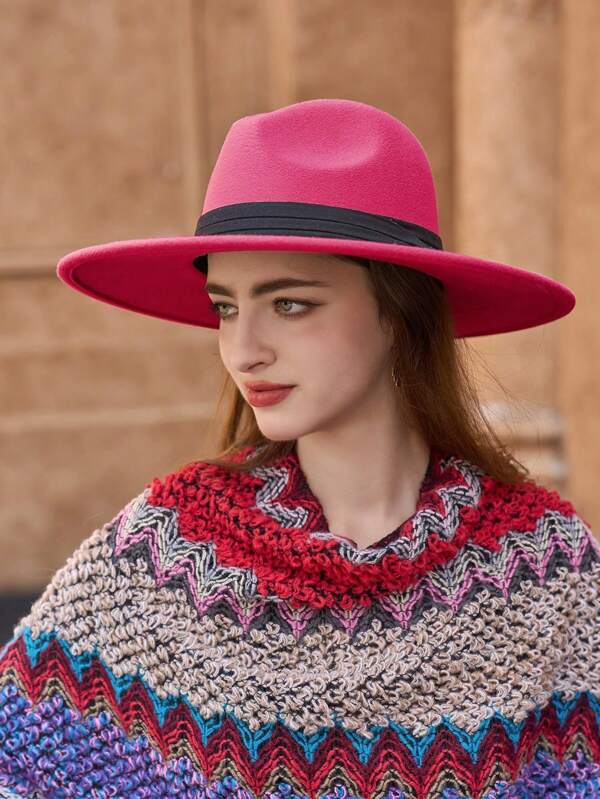 1pc Unisex Felt Hat With Printed Planet Element, Solid Color Flat-Brimmed Jazz Cap, Suitable For All Seasons, Ideal For Outdoor Wear In Winter