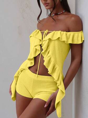 1 Set Solid Color Ruffle Hem/Ruffle Trim Twisted Women Knit 2 Pieces Outfit, Casual For Daily Gatherings, Summer