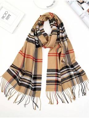 1pc Autumn/Winter New Couple's British Style Plaid Tassel Narrow Warm Scarf, Fashion Street Lightweight Faux Cashmere High Quality Soft Comfortable Shawl, Suitable For Daily Use, Size: 30cm*180cm (Please Check Product Size Details Before Purchasing)