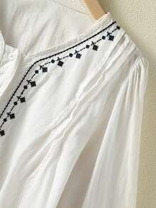 Damen Vintage bestickerte, weite Boho Bluse, halbtransparente Baumwoll-Lässig-Tops für Frühling und Herbst, Weißes Hemd, Weiße Bluse - Weiss - Übersicht 5
