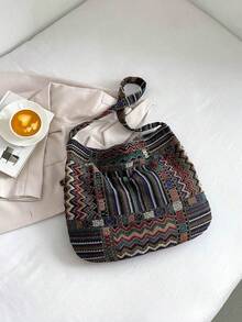 New Casual Women's Shoulder Bag, Fashion Plaid Pattern Linen Shoulder Bag, Random Striped Pattern - Multicolor - View 5