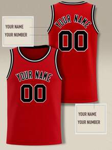 Men's Red Basketball Jersey With Name And Number Printed On It, Round Neck, Personalized Sleeveless Basketball And Football Jersey, Customizable For Halloween And Christmas Gifts.,Personalized Comfortable Casual Loose Fit T-Shirt - Red - View 2
