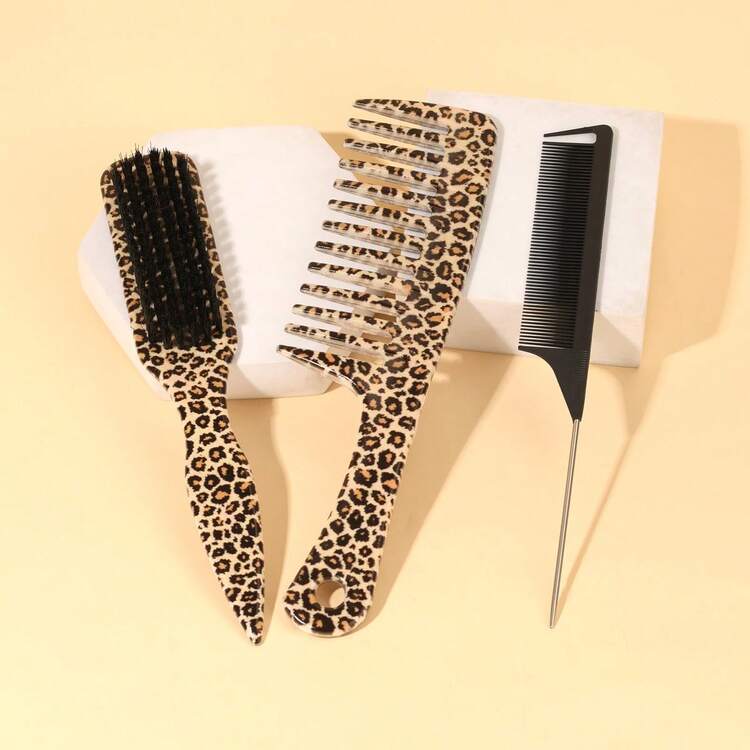 3件套奢华豹纹尼龙梳子套装 - 打造精致发型，包括分缝、层次、盘发、扎发、倒梳、解结和柔顺 - 无异味、温和且易于清洁 - 彩色 - 查看 6